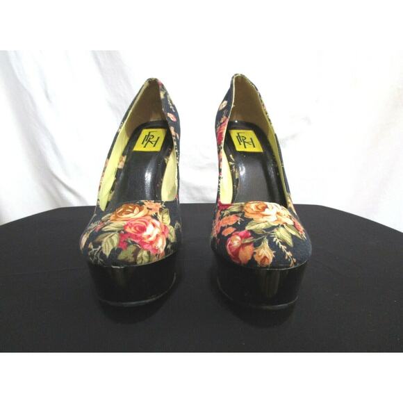 FRH Black Canvas Floral Pattern Platform Pumps Stiletto Heels Shoes Women Sz 8 - Picture 4 of 9